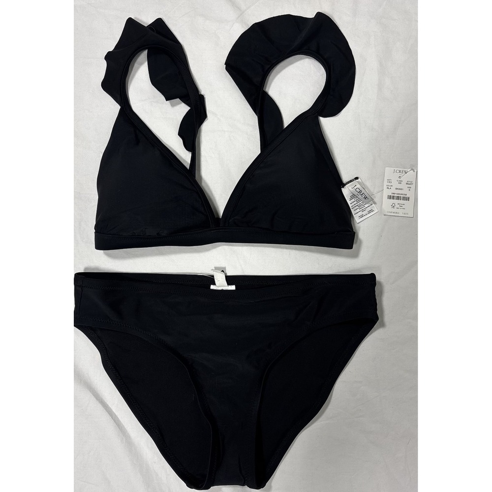 NWT J. Crew Womens Two Piece Ruffle Triangle Bikini Set Black Pool Party S